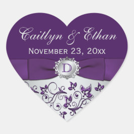 モノグラムパープルグレーフローラ結婚式の引き出物シール ハートシール