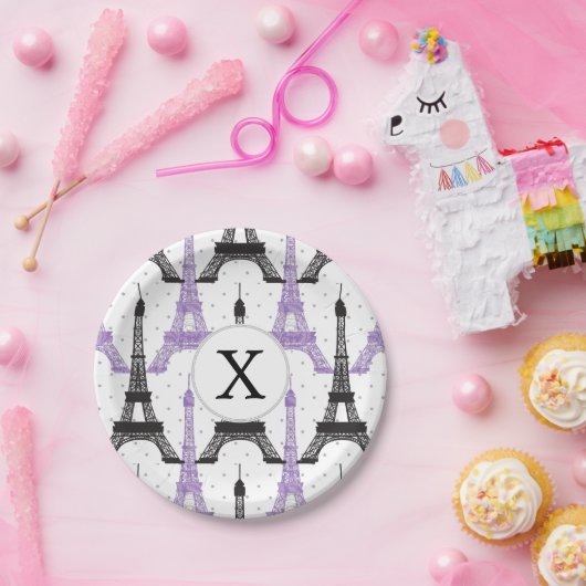 モノグラムパープルシックエッフェルタワーパターン ペーパープレート (パーティー)