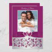 モノグラムパープルシルバーフローラ写真ウェディング招待 招待状 (正面/裏面)