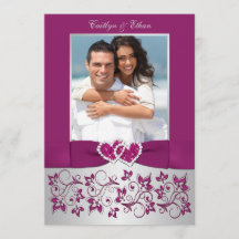 モノグラムパープルシルバーフローラ写真ウェディング招待