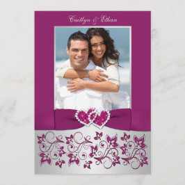 モノグラムパープルシルバーフローラ写真ウェディング招待 招待状