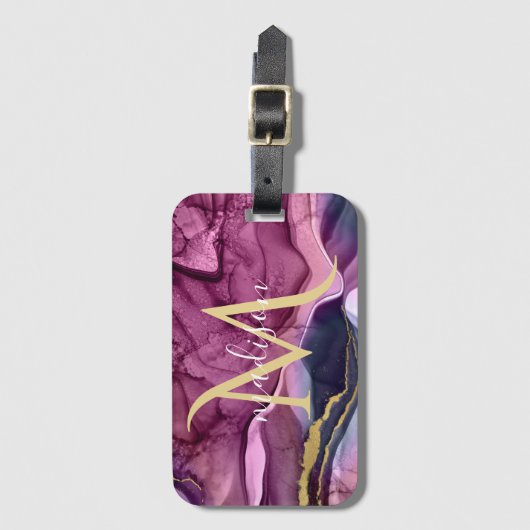 モノグラムパープルピンクと金ゴールドアゲテゲード ラゲッジタグ (正面縦)