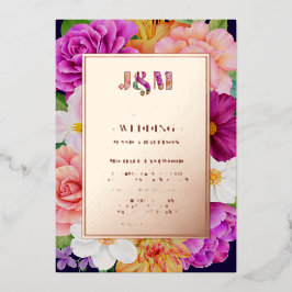 モノグラムパープルピンクローズはっきりしたフローラ結婚ズ 箔招待状