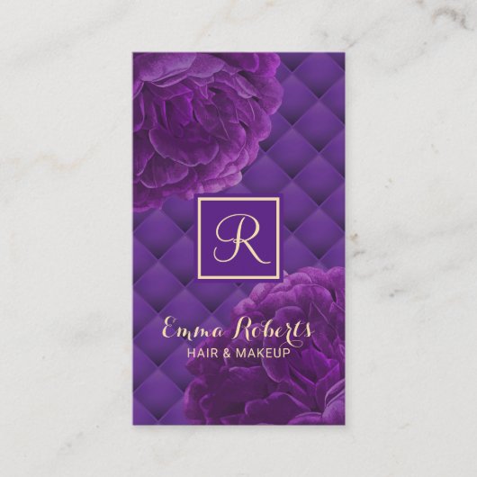 モノグラムパープルフローラエレガント美しいサロン 名刺 (正面)