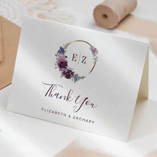 モノグラムパープルフローラ結婚リースサンキュー カード