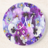 モノグラムパープルブルーホワイトパンジーフローラ花 コースター (正面)