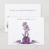 モノグラムパープルワイルドフラワーウェディングRSVP 出欠カード (正面/裏面)