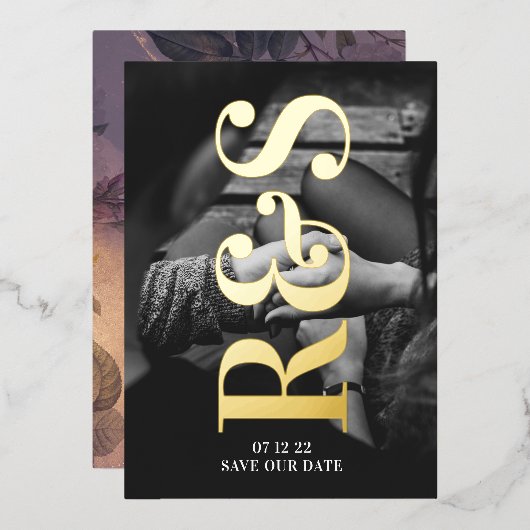 モノグラムパープル秋日付の保存 箔招待状 (正面/裏面)