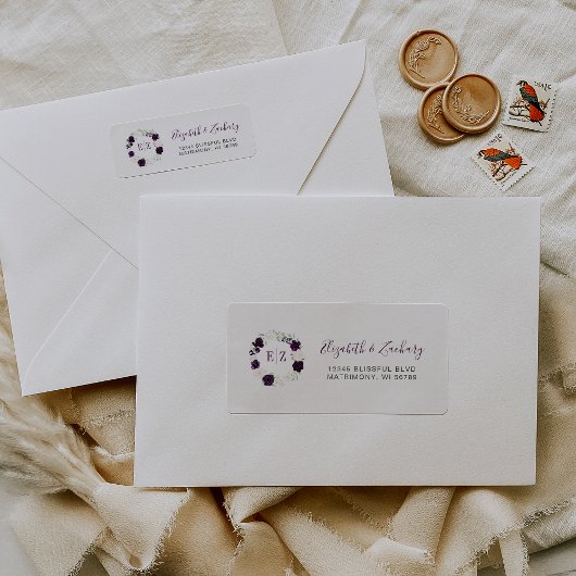 モノグラムパープル赤面フローラリース差出人住所 ラベル