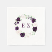 モノグラムパープル赤面フローラ結婚リース スタンダードカクテルナプキン (正面)
