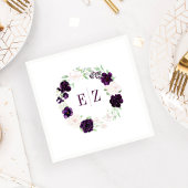モノグラムパープル赤面フローラ結婚リース スタンダードカクテルナプキン