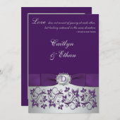 モノグラムパープル銀フローラ結婚式招待状 招待状 (正面/裏面)