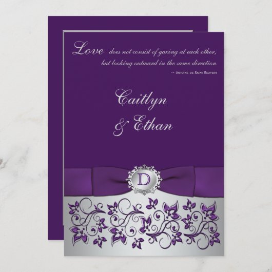 モノグラムパープル銀フローラ結婚式招待状 招待状 (正面/裏面)