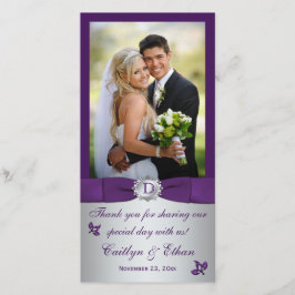 モノグラムパープル、シルバー結婚フローラの写真カード サンキューカード