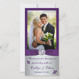 モノグラムパープル、シルバー結婚フローラの写真カード サンキューカード