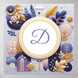 モノグラムパープル&金ゴールドウォールアート ポスター