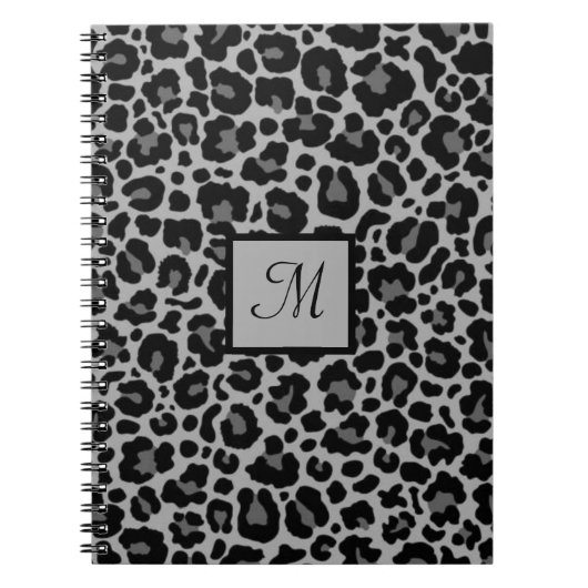 モノグラムヒョウ印刷動物チーターグレーイニシャル ノートブック (正面)