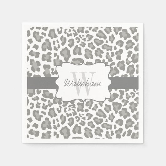 モノグラムヒョウ白とグレーカクテルナプキン スタンダードカクテルナプキン (正面)