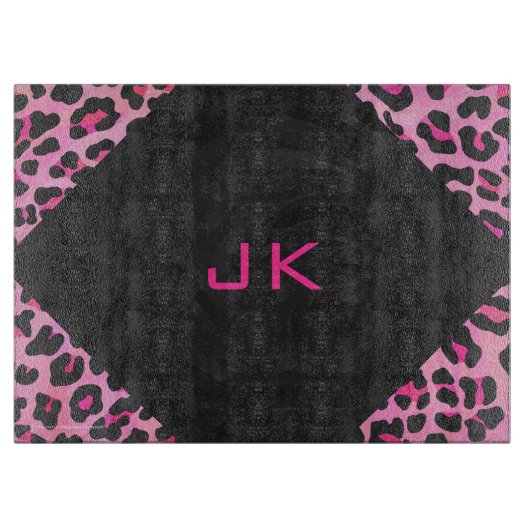 モノグラムヒョウ黒とホットピンクプリント カッティングボード (正面)