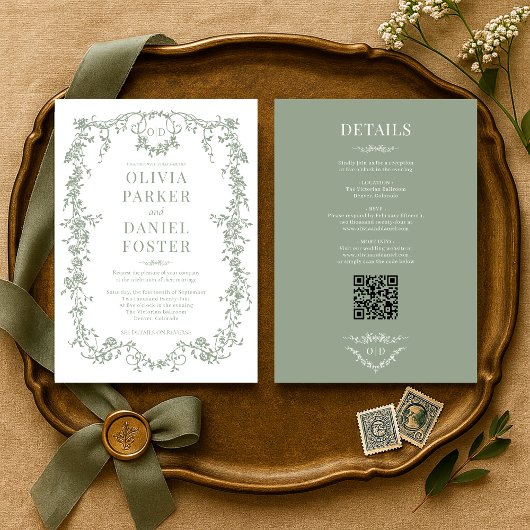 モノグラムビクトリアンで緑のセージを結婚すべて出す 招待状