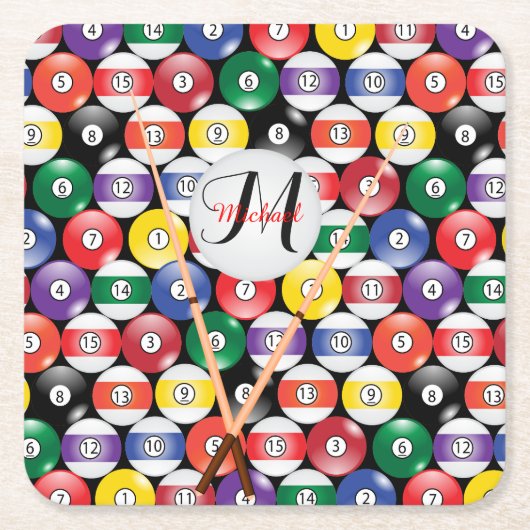 モノグラムビリヤードのプールボールデザイン スクエアペーパーコースター (正面)
