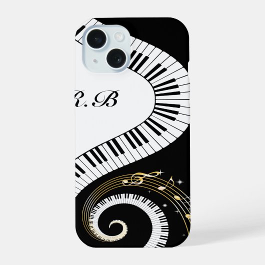 モノグラムピアノ鍵盤と音符 iPhone 15ケース (裏面)