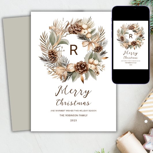 モノグラムピネコーンウィンターリースメリークリスマス シーズンカード