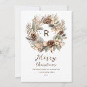 モノグラムピネコーンウィンターリースメリークリスマス シーズンカード (正面)