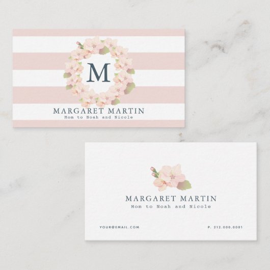 モノグラムピンクさくらんぼブロッサムリースママ コーリングカード (正面/裏面)