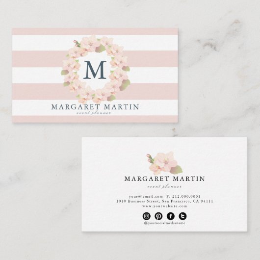 モノグラムピンクさくらんぼブロッサムリース 名刺 (正面/裏面)