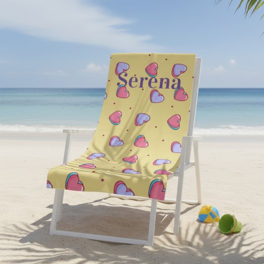 モノグラムピンクと黄色のハートビーチタオル ビーチタオル