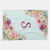 モノグラムピンクのハイビスカスフラワートロピカルフローラ キッチンタオル (横)
