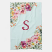 モノグラムピンクのハイビスカスフラワートロピカルフローラ キッチンタオル (縦)