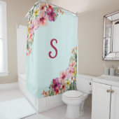 モノグラムピンクのハイビスカスフラワートロピカルフローラ シャワーカーテン (インサイチュ)