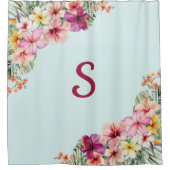 モノグラムピンクのハイビスカスフラワートロピカルフローラ シャワーカーテン (正面)