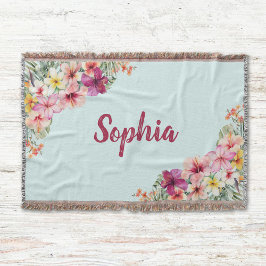 モノグラムピンクのハイビスカスフラワートロピカルフローラ スローブランケット