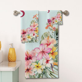 モノグラムピンクのハイビスカスフラワートロピカルフローラ バスタオルセット