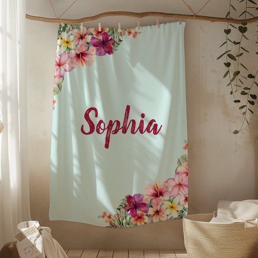 モノグラムピンクのハイビスカスフラワートロピカルフローラ フリースブランケット