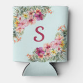 モノグラムピンクのハイビスカスフラワートロピカルフローラ 缶クーラー (正面)