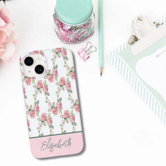 モノグラムピンクのバラフローラの緑の花 Case-Mate iPhoneケース