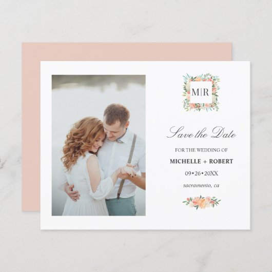 モノグラムピンクのフローラ写真結婚式の日付を保存 (正面/裏面)