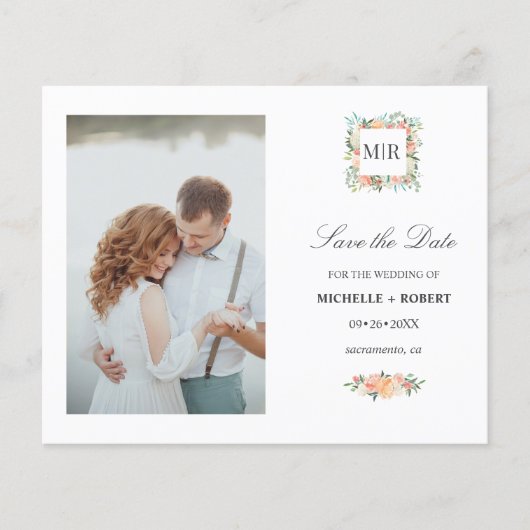 モノグラムピンクのフローラ写真結婚式の日付を保存 (正面)