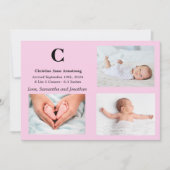 モノグラムピンクのベビーガール出生告知カード 招待状 (正面)