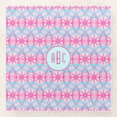 モノグラムピンクの自転車ホイールパターン ガラスコースター (正面)