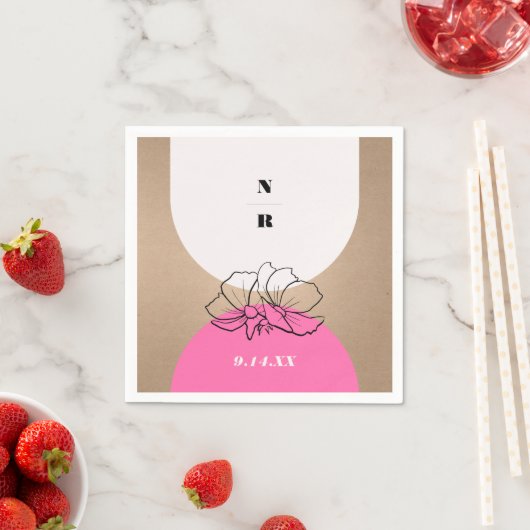 モノグラムピンクアーチ結婚フローラ スタンダードカクテルナプキン (インサイチュ)