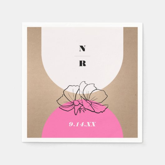 モノグラムピンクアーチ結婚フローラ スタンダードカクテルナプキン (正面)