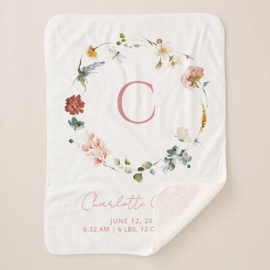 モノグラムピンクウォーターカラーフローラガール誕生統計 シェルパブランケット (正面)