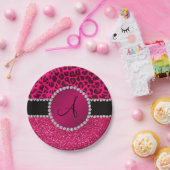 モノグラムピンクグリッターネオンホットピンヒョウ ペーパープレート (パーティー)