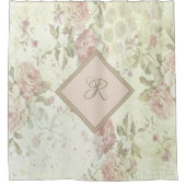 モノグラムピンクグリーンフローラみすぼらしいシックなピンクローズ シャワーカーテン (正面)