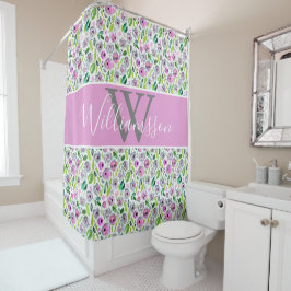 モノグラムピンクグレーグリーンボホウォーター色フローラ シャワーカーテン